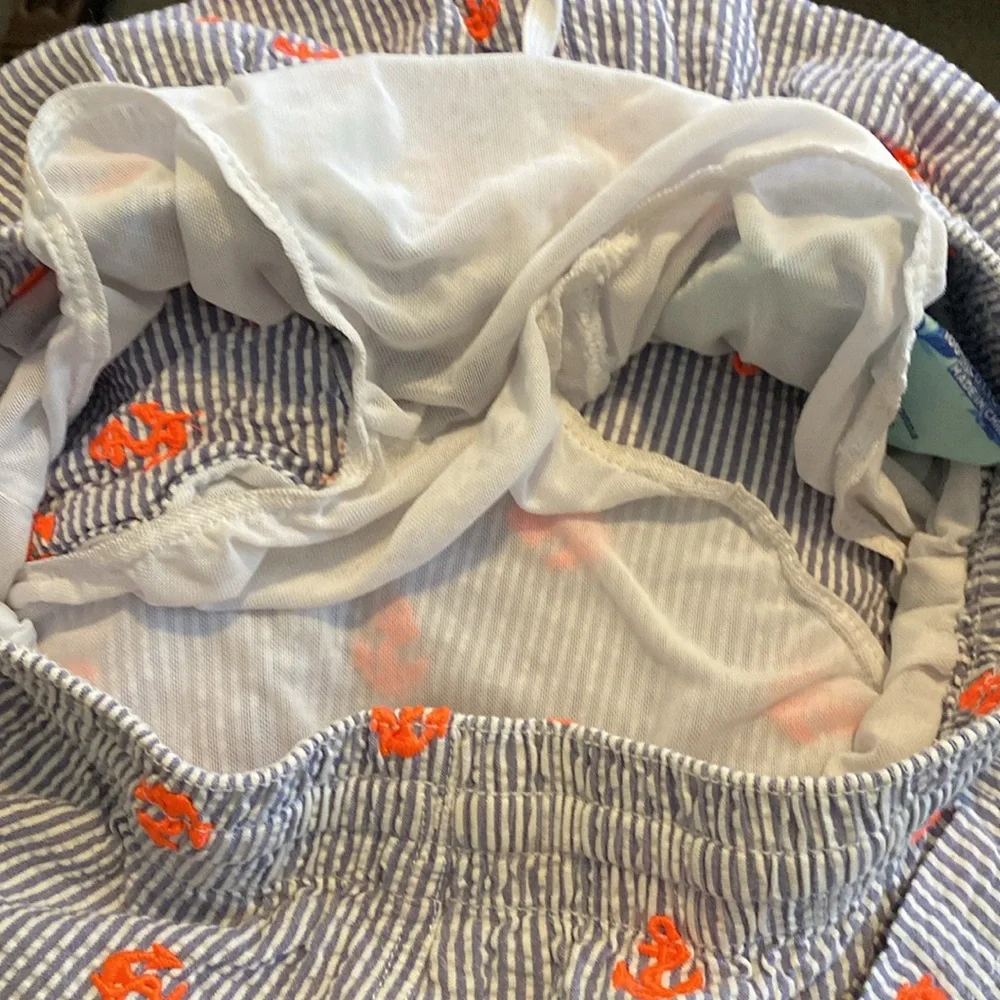 Chubbies Blue Seersucker 5.5” Inseam Swim Trunks with Orange Anchors, Size Small